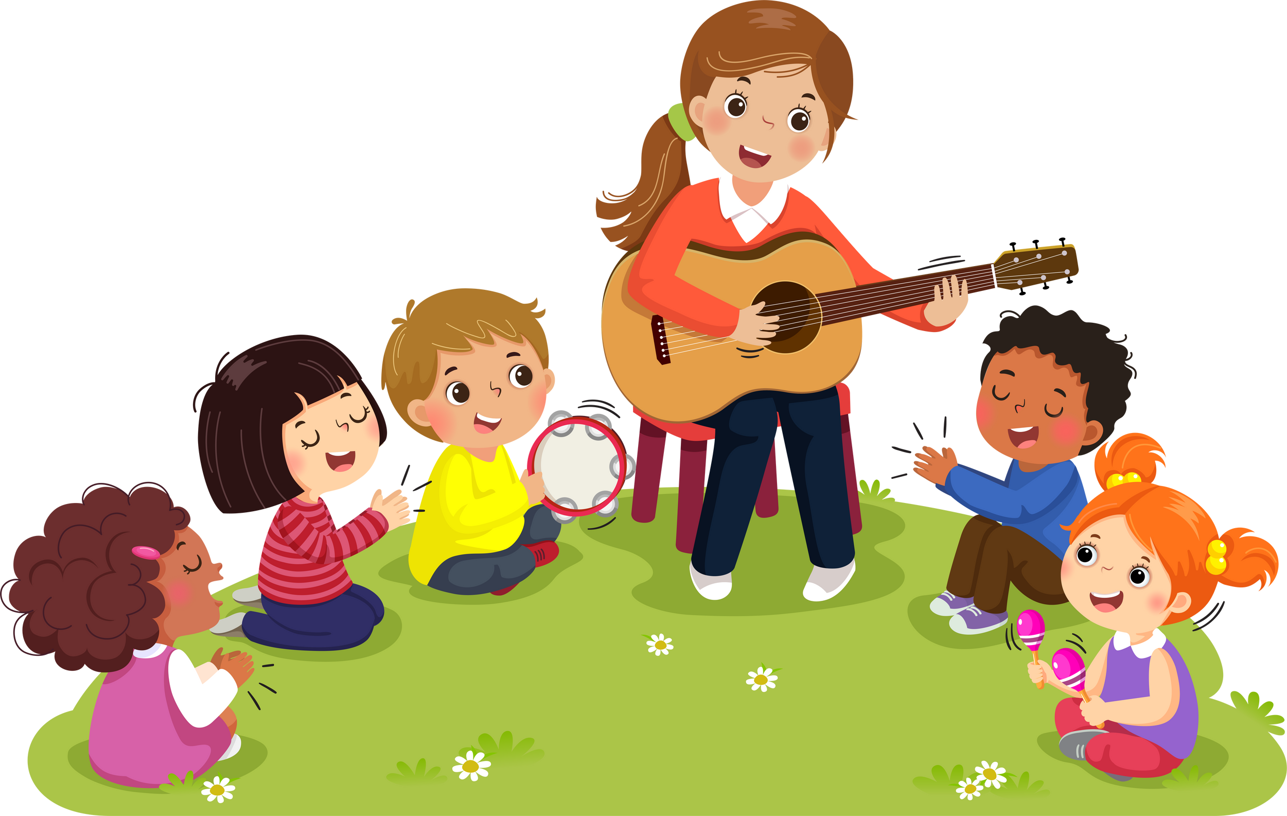 Cartoon Female Teacher and Pupils Having Music