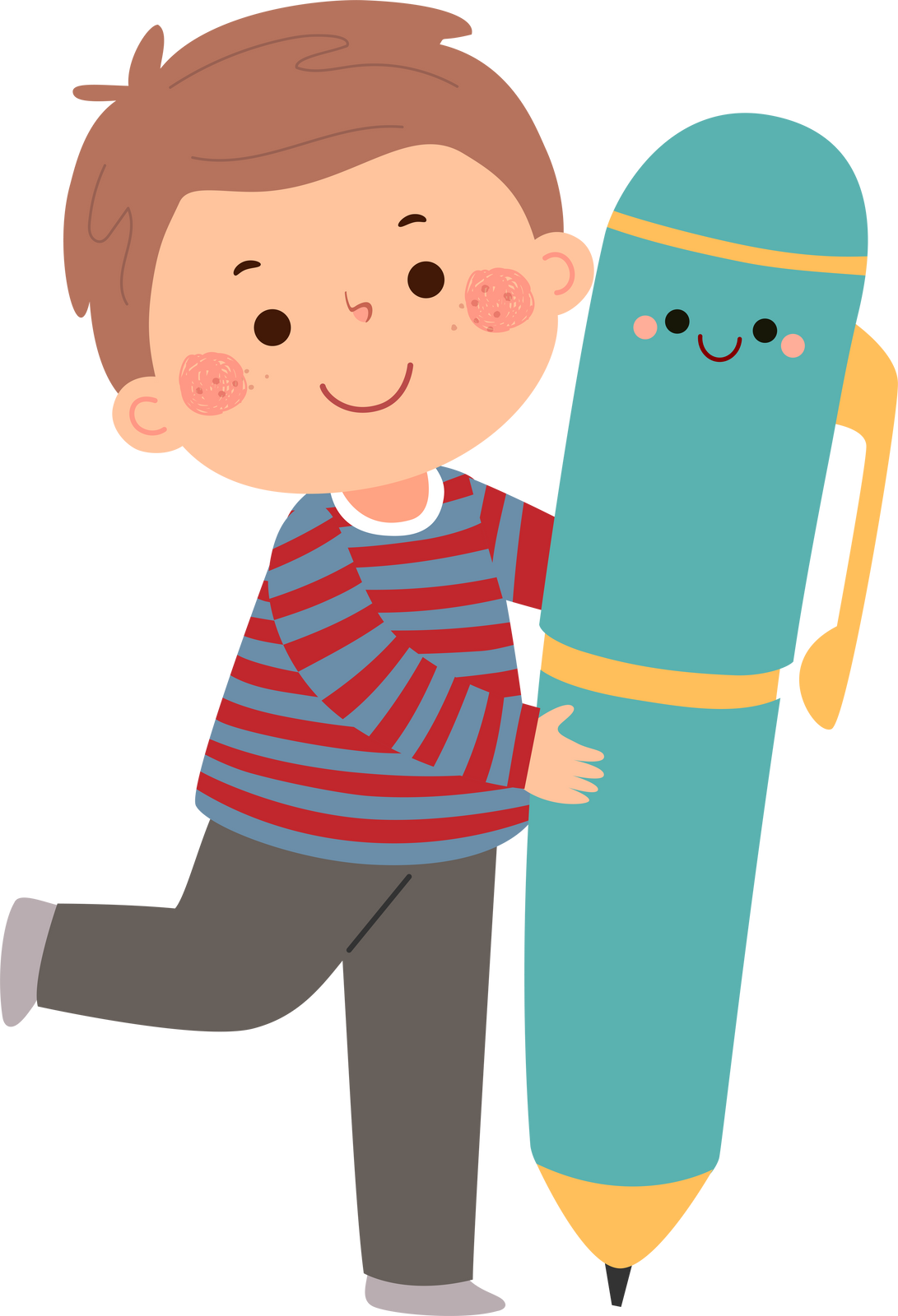 Cartoon little student boy with big pen.
