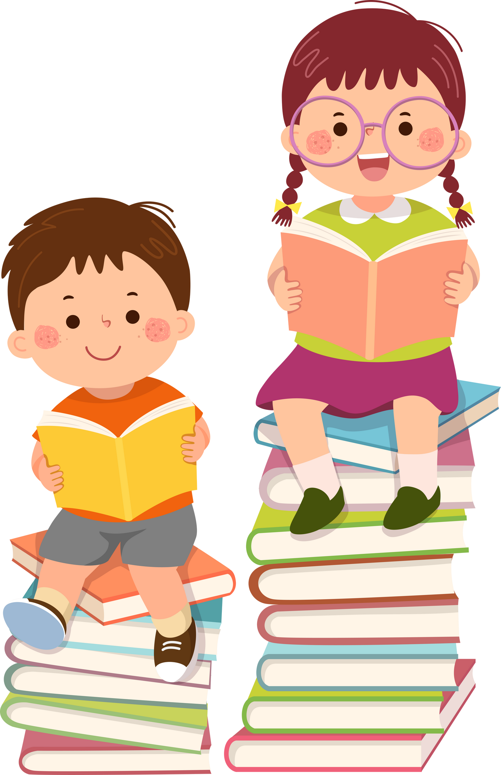Cartoon little boy and little girl reading