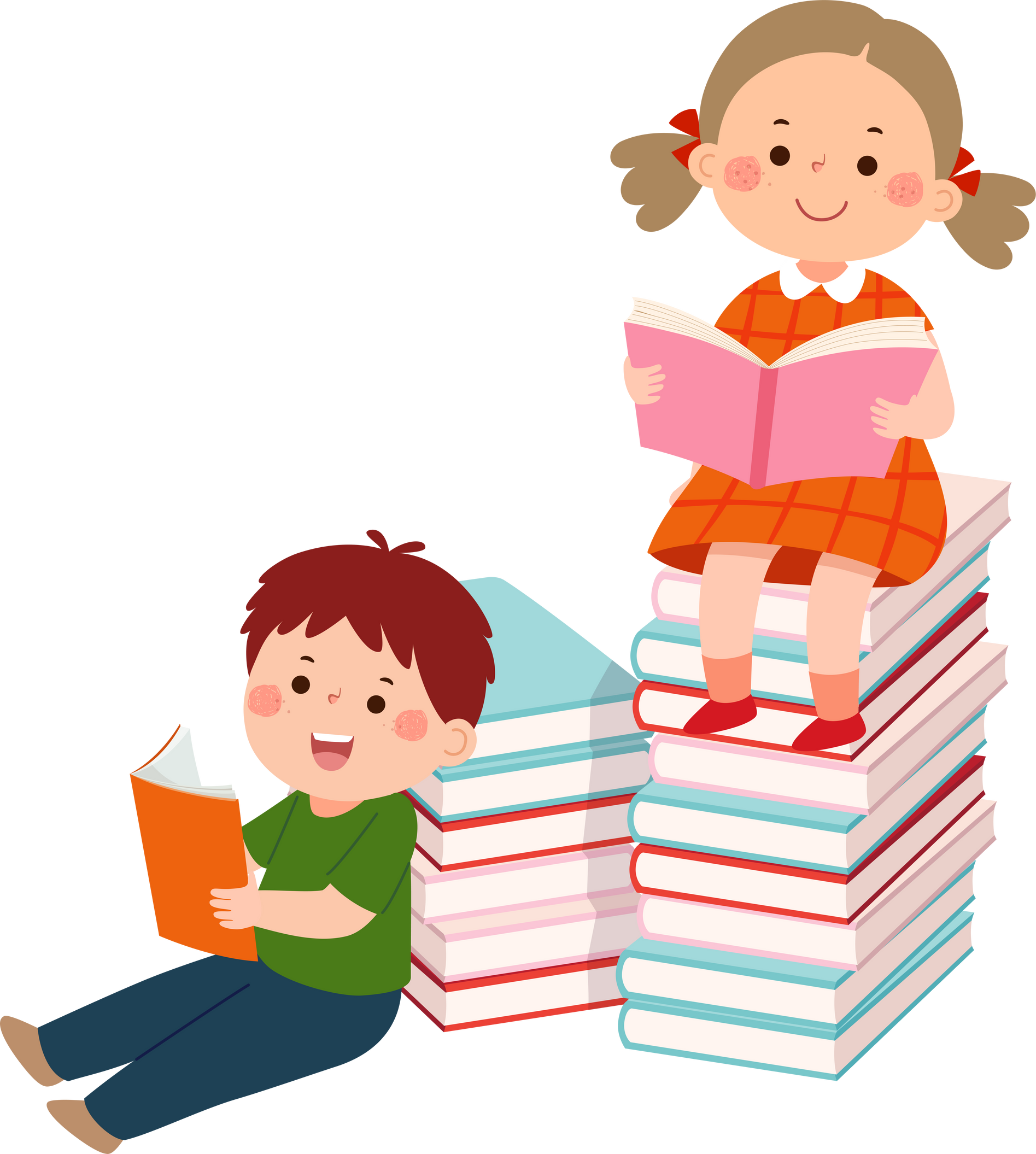 Boy and girl sitting on stack of books reading books. Kids enjoying reading books